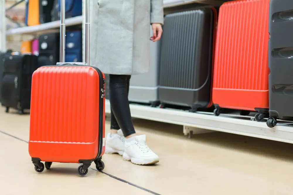 Close up of woman testing out rolling luggage in front of a rack of rolling luggage for sale